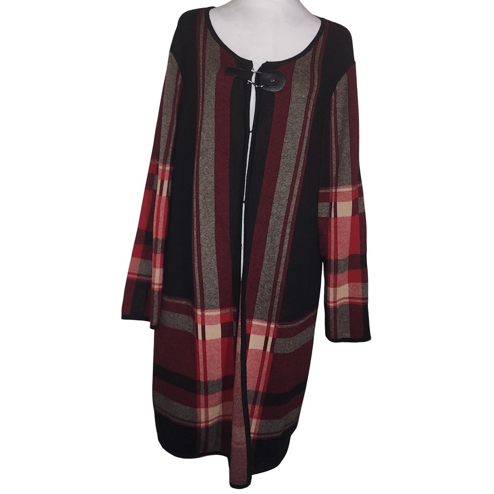 Evan-Picone Black Label Plaid Cardigan Duster Open Front Knit Size XL Old Money